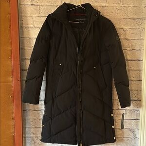 French Connection Hooded Long Puffer Coat Jacket with Gold Accents NWT